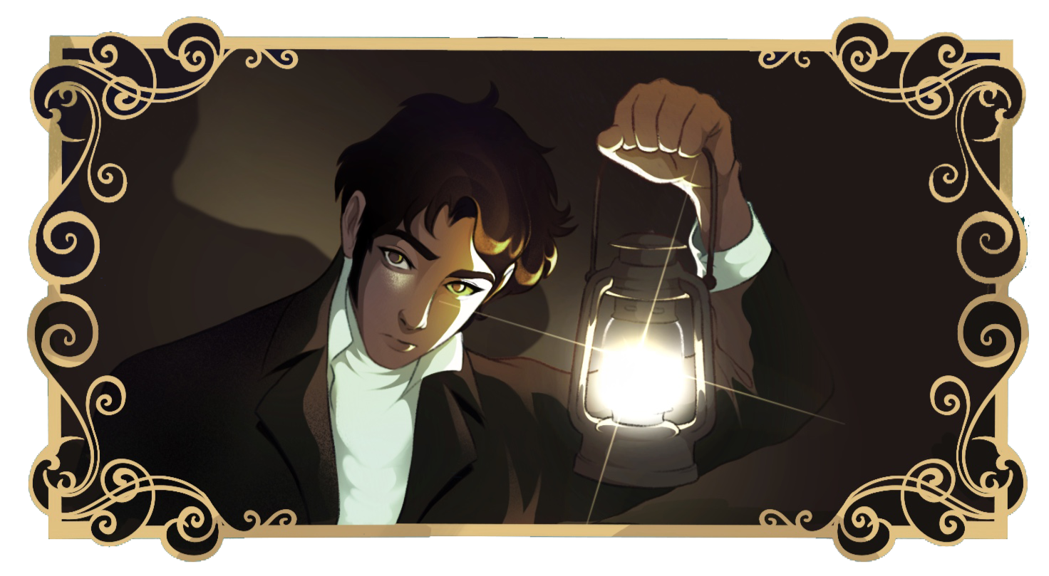 Image of Darcy in the dark, holding a lamp