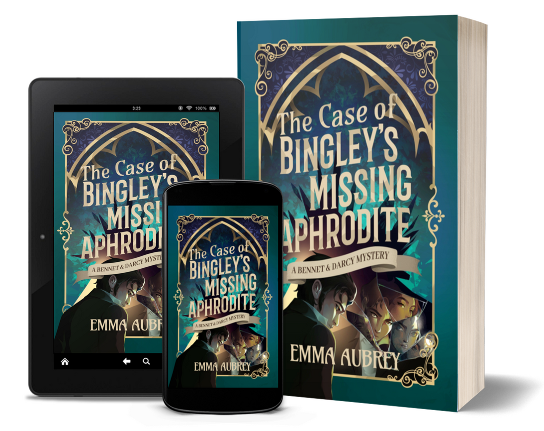 3-d book, phone, and tablet image showing "The Case of Bingley's Missing Aphrodite"