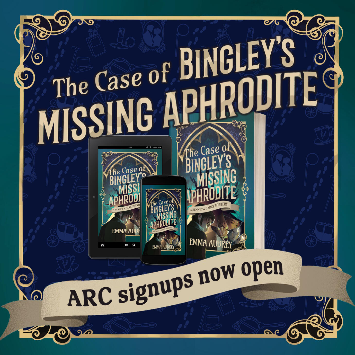 Image showing 3-D book images of The Case of Bingley's Aphrodite, with a banner saying "ARC signups now open"